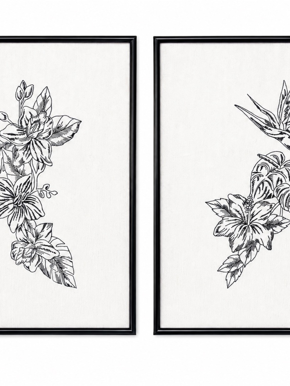 2 Botanical Bird of Paradise Embroidered Textile Art in Black and White 16x12
